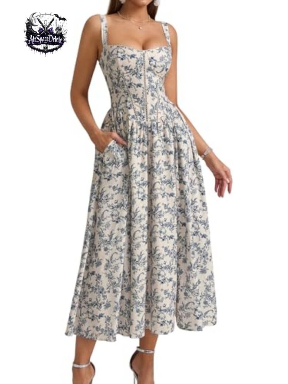 KUTUMAI Floral Corset Midi Dress Square Neck Smocked A-Line Summer Wedding Guest